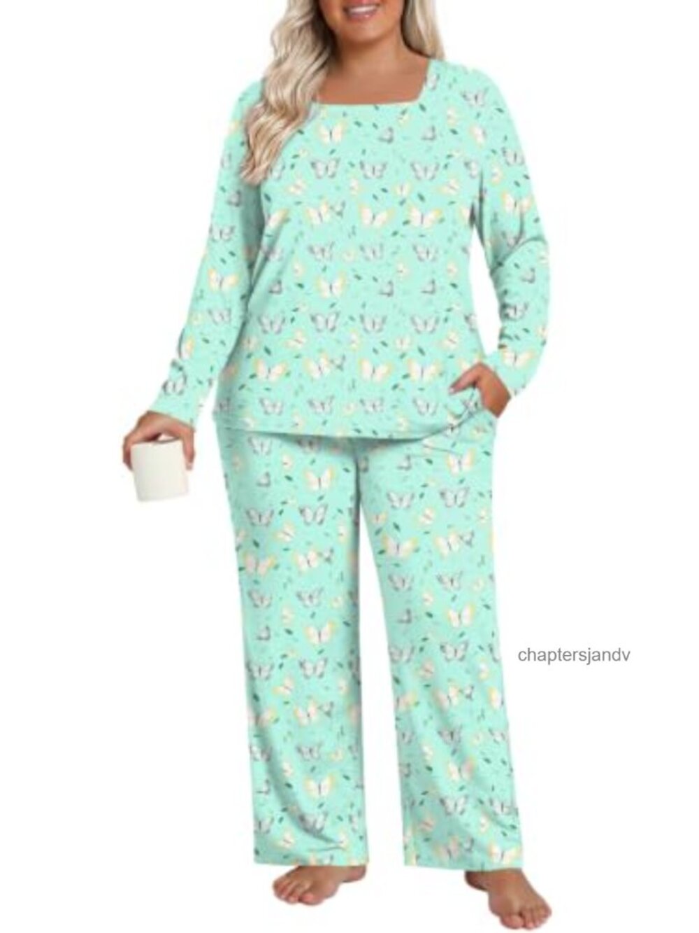 Plus Size 2 Piece Pajama Set Long Sleeve Pockets Lounge Sleepwear